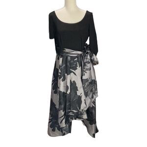 R&M Richards Maxi Hi Lo Dress Black Silver Floral Ruche Sleeve Waist Sash Sz 12